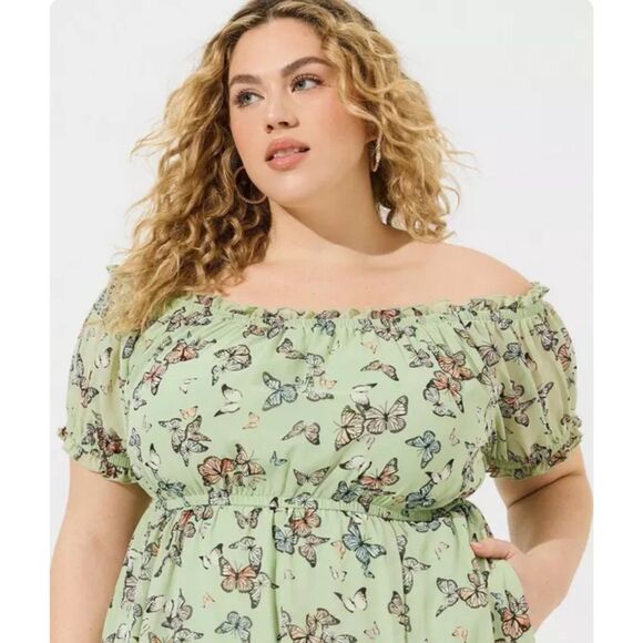 Torrid Green Chiffon Butterfly Print Peasant Midi Dress - Picture 3 of 10